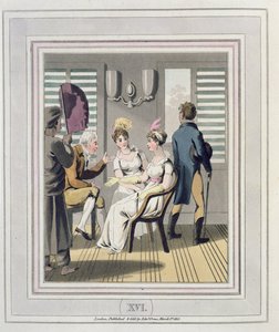 Egy európai hölgy, akit egy szolga kísér, kézi punkah-t vagy legyezőt használ, 16. tábla az 1813-ban megjelent "The European in India" című kötetből (kézi színezésű akvatinta).